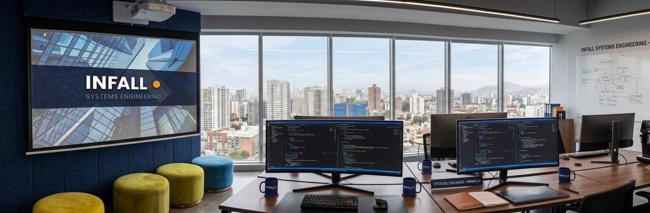 Oficina de INFALL Systems Engineering con equipo de desarrollo trabajando